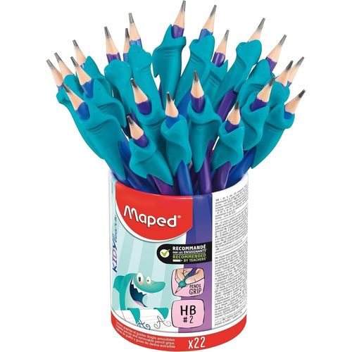 Maped Pot 22 Crayons Graphite Hb2 + Guide-Doigts Requin Kidy Learn