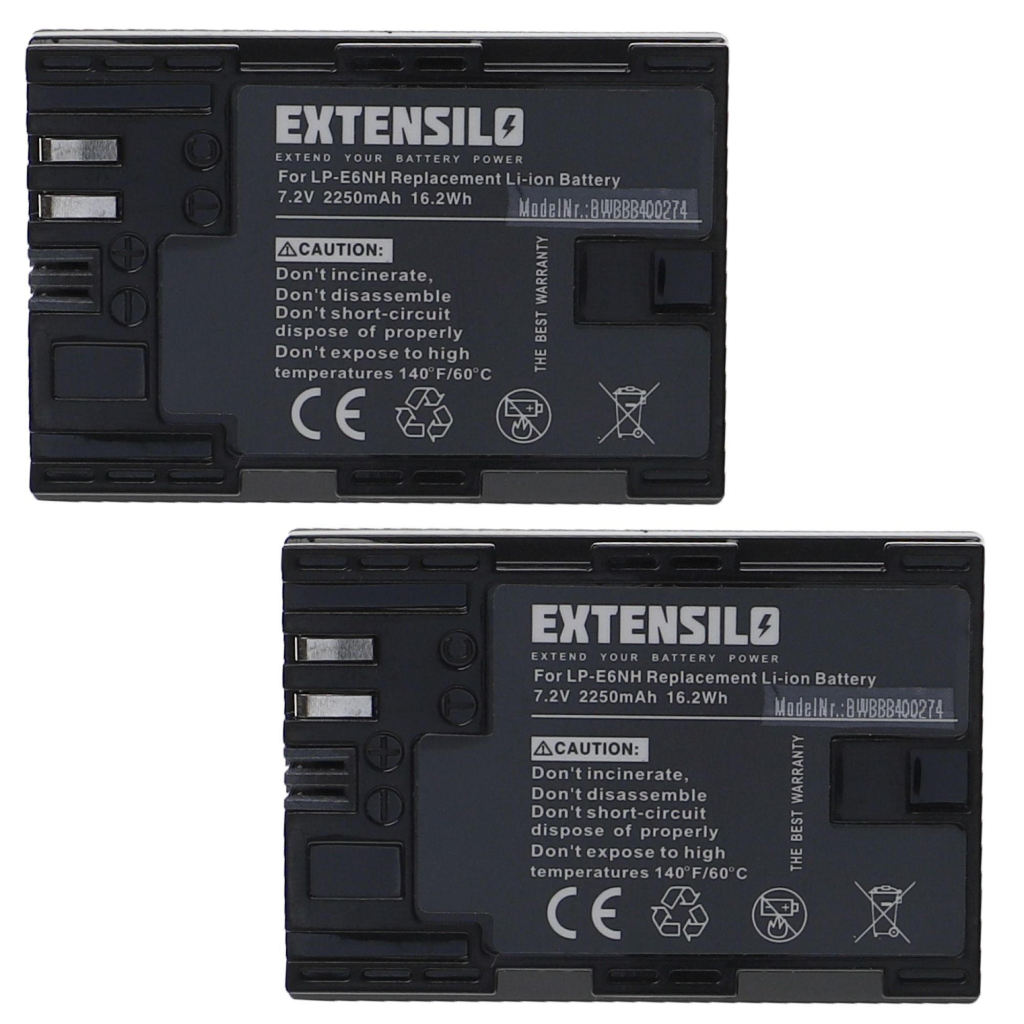 EXTENSILO 2x Batteries compatible avec Canon EOS 80D, R, 90D, Ra, R5, R6, 7D Mark II appareil photo, reflex numérique (2250mAh, 7,2V, Li-ion)