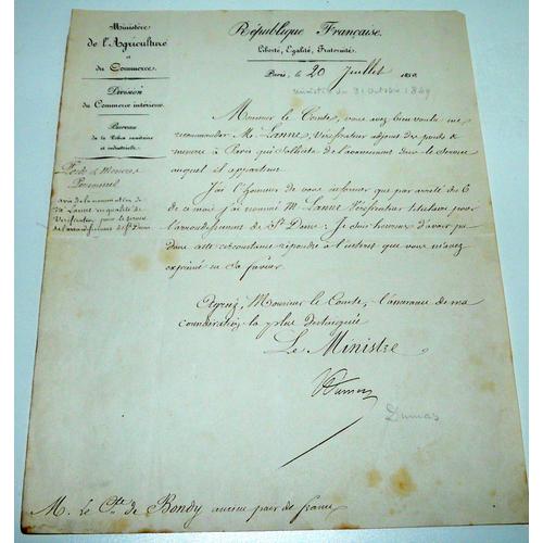 Jean-Baptiste Dumas, Lettre Autographe Signée En Tant Que Ministre De L'agriculture Le 20 Juillet 1850