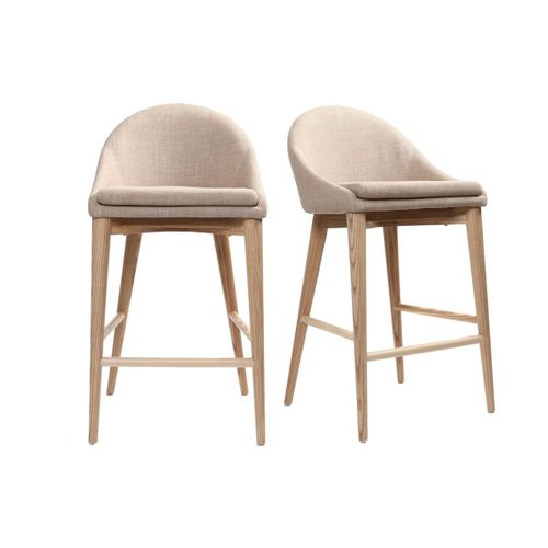 Tabourets De Bar Scandinaves En Tissu Beige Et Frêne Massif H66 Cm (Lot De 2) Dalia