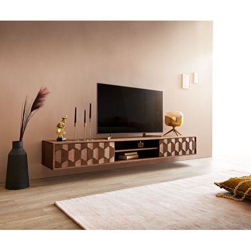 Table Tv Fevo Acacia Marron 200 Cm 2 Portes Buffet Bas Flottant