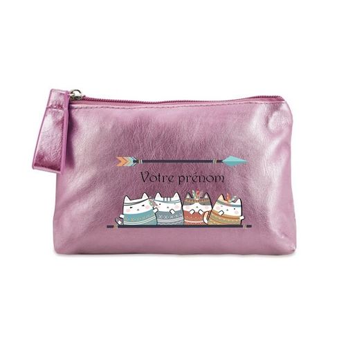 Trousse rose maquillage stylo pochette chat et plume