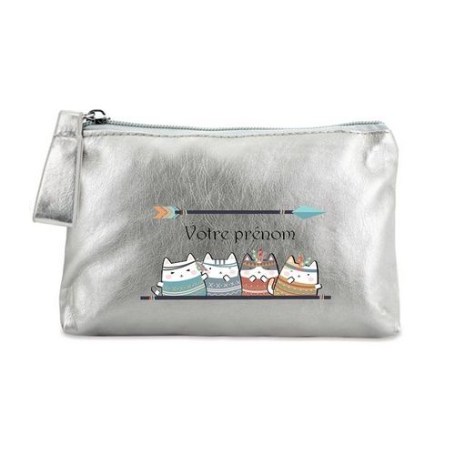 Trousse argent maquillage stylo pochette chat et plume