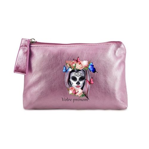 Porte monnaie rose pochette tete de mort calavera