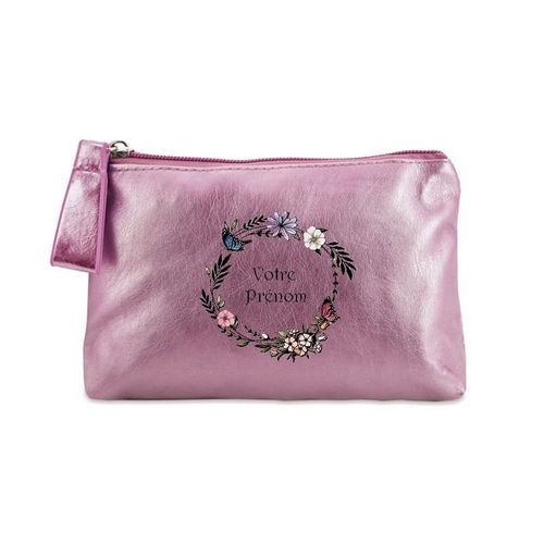 Porte monnaie rose pochette couronne de fleurs et papillons