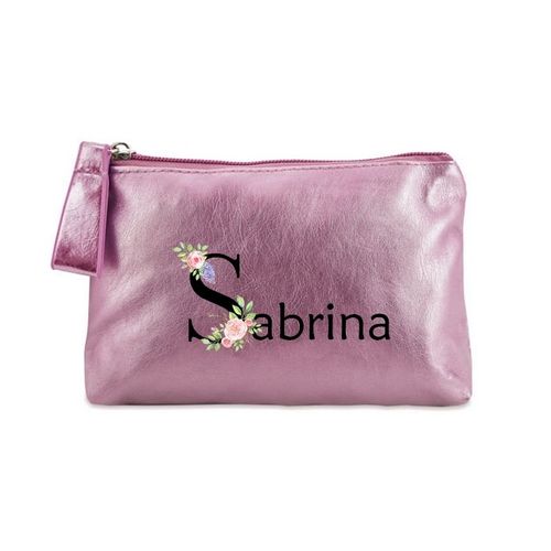 Porte monnaie rose pochette prenom fleur pastel
