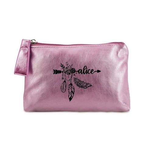 Porte monnaie rose pochette prenom fleur