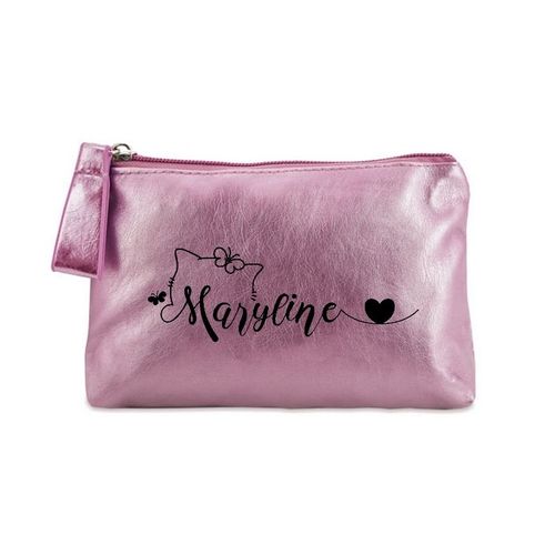 Porte monnaie rose pochette prenom chat et papillon