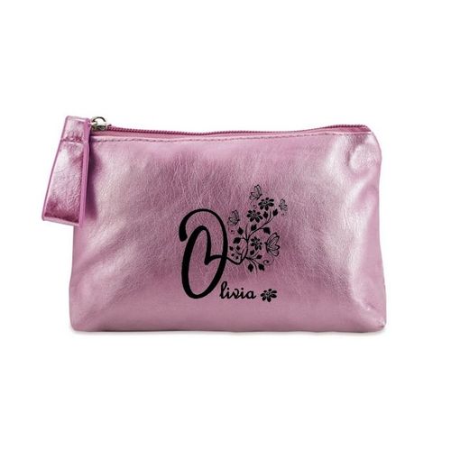 Porte monnaie rose pochette prenom fleur et papillon