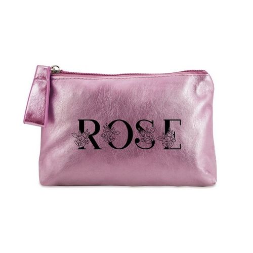 Porte monnaie rose pochette prenom avec des roses
