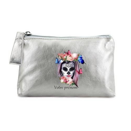 Porte monnaie argent pochette tete de mort calavera