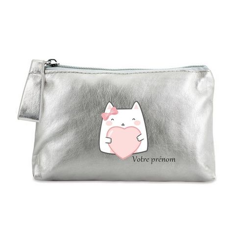 Porte monnaie argent pochette chat et coeur