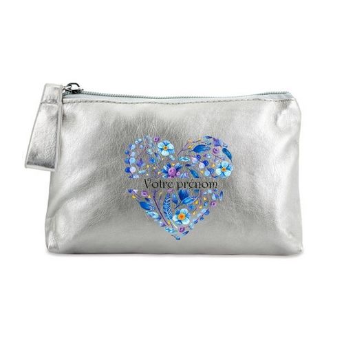 Porte monnaie argent pochette coeur bleu