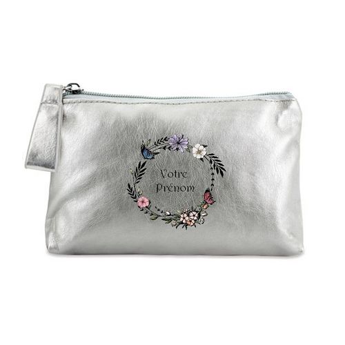 Porte monnaie argent pochette couronne de fleurs et papillons