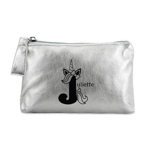 Porte monnaie argent pochette prenom licorne