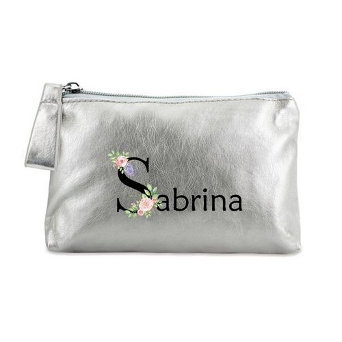 Porte monnaie argent pochette prenom fleur pastel