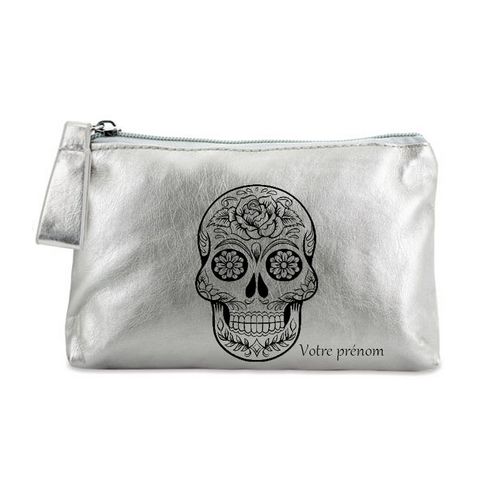 Porte monnaie argent pochette tete de mort mexicaine