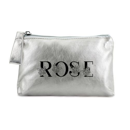 Porte monnaie argent pochette prenom avec des roses