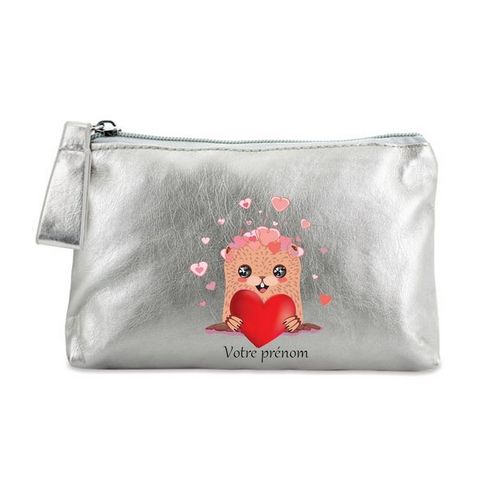 Porte monnaie argent pochette taupe et coeur