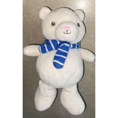 Doudou Ours Blanc Crème Écharpe Bleu Rayé Blanc H&m 