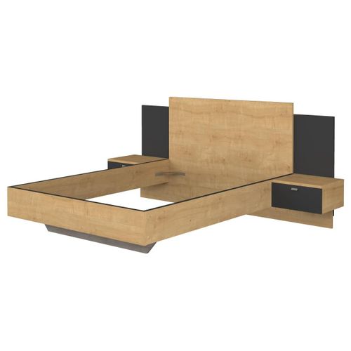 Lit Avec Chevets 140 X 190 Cm - 2 Tiroirs - Avec Leds - Coloris : Naturel Et Noir - Sulof