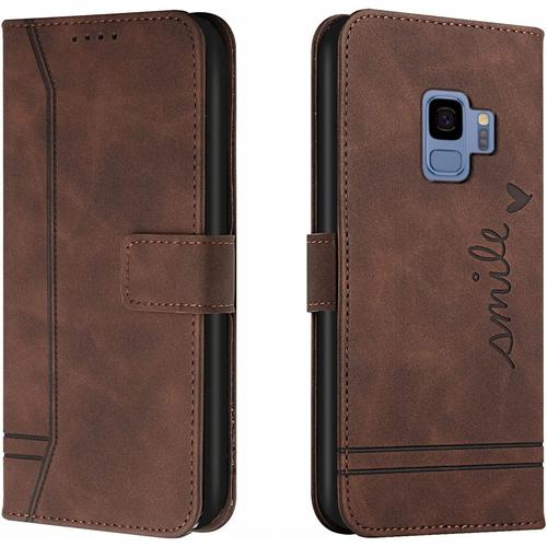 Coque Pour Samsung Galaxy S9, Etui Portefeuille Samsung S9, Protection Etui À Rabat Housse En Cuir Pu Avec Antichoc Tpu [Fermoir Magnétique] Flip Pochette Housse Pour Samsung S9 (Braun)