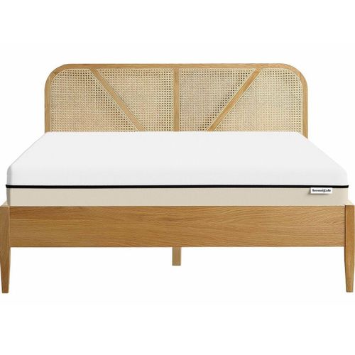 Lit 140x190 En Bois Et Cannage + Matelas Hybride