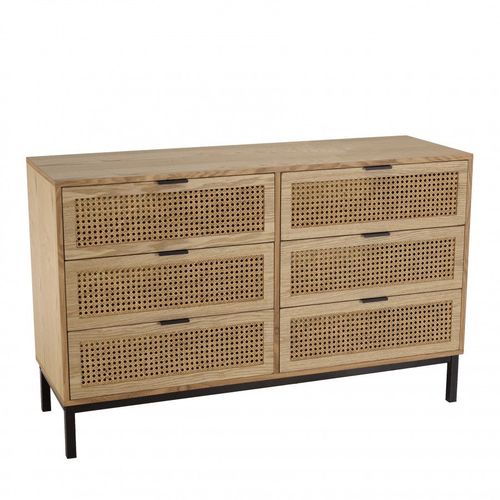 Commode 6 Tiroirs Cannage Naturel Pieds Métal Noir
