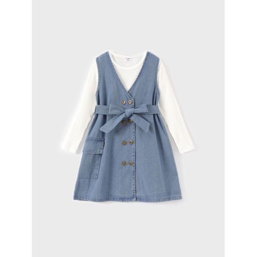2pcs Enfant Fille Avant-Garde Couleur Unie T-Shirt Et Secret Bouton Jean Robe Ensemble