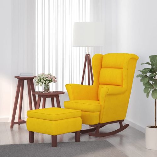 Vidaxl Chaise À Bascule Avec Pieds En Bois Et Tabouret Jaune Velours