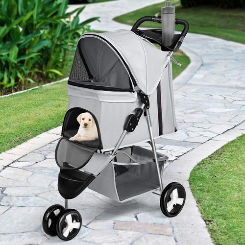 Poussette Pour Chien Ou Chat Pet Stroller Poussette Buggy Pour Chien Protège-Pluie À Pousser Roadster, Roue Avant Pivotante 360 Degrés, Grisâtre