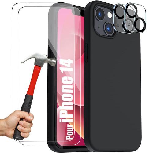 Coque Pour Iphone 14 (6,1'') Silicone Noir + 3 Verres Trempes Et 2 Vitres Objectif Arriere - E.F.Connection