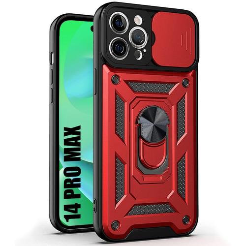 Coque Pour Iphone 14 Pro Max Rouge Bordure Renforcée Anneau Arrière Style Armée Antichoc Rigide