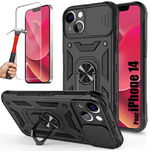 Coque Pour Iphone 14 + 2 Verres Trempés, Coque Avec Cache Caméra Et Bague Support Vidéo - Noir