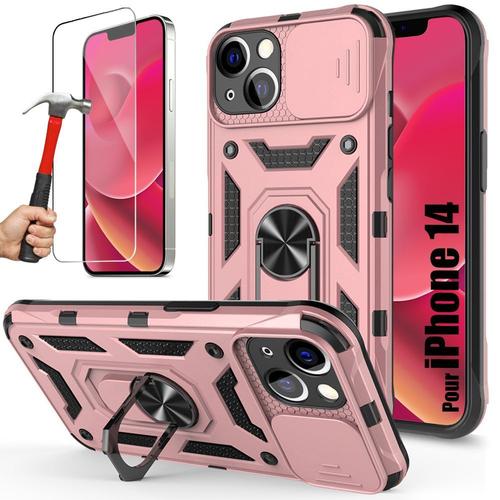 Pack 2 Verres Trempés Avec Coque Pour Iphone 14 Rose Protection Caméra Renforcée Rigide Anneau Arrière