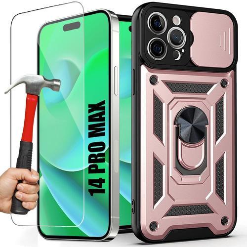 Coque Pour Iphone 14 Pro Max Rose + 2 Verres Trempés, Antichoc Anneau Arrière Bumper