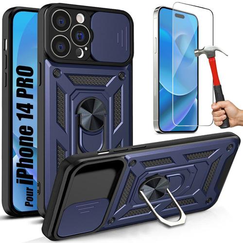 Coque Pour Iphone 14 Pro + 2 Verres Trempés, Coque Bleu Marine Antichoc Dure Anti-Rayure Rigide