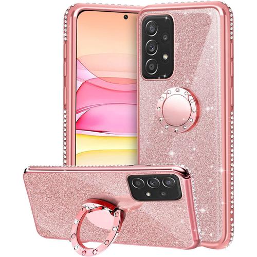 Coque Pour Samsung Galaxy A52s 5g/A52 5g/A52 4g, Glitter Diamant Sparkle Housse Étui Avec 360° Bague Béquille Stand Support Voiture Magnetique Protection Doux Silicone Tpu Housse Anti-Choc - Rose Gold