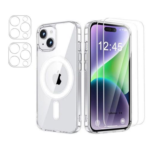 Hq-Cloud® Coque Magnétique Pour Iphone 14 6,1 Pouces Avec 2 Verres Trempés Et 2 Caméra Protecteur,Compatible Avec Magsafe, Dos Anti Rayures, Transparent