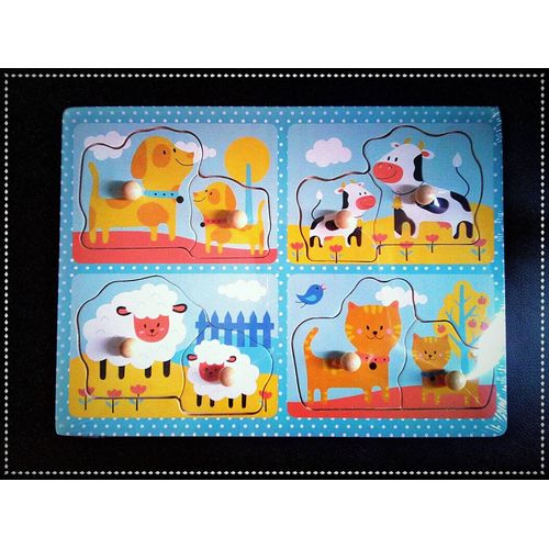 Grand Puzzle En Bois Neuf - Pièces Avec Poignées ! Animal + Son Bébé - Jeu Jouet D'éveil Enfant Pour Apprendre Éveil Apprentissage De Logique Même Famille Animaux À Encastrer Chien Chat Vache Mouton
