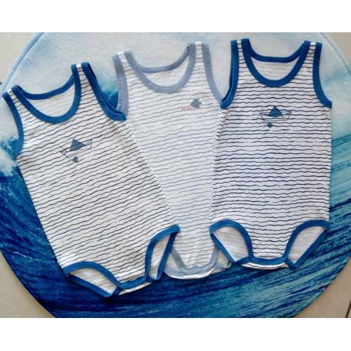 Lot De 3 Bodys Marque Qualité Petit Bâteau - Taille 12 - 18 Mois / De 1 An À 1 Et Demi - Body Marcel Sans Manches Imprimé Vague Pour Sous Pyjama Dors-Bien Bébé Garcon - Blanc Bleu Clair Bleu Marine