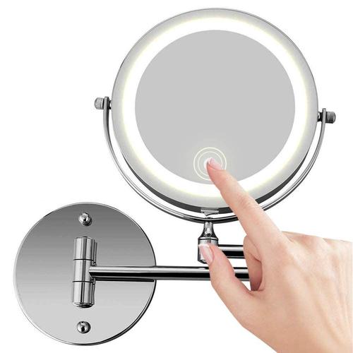 Miroir De Maquillage Mural, Grossissant 10x Avec Éclairage Led Sur Les Deux Côtés Pour Salle De Bain, Rotatif À 360°, Rechargeable Par Usb Et Bras Extensible De 17,8 Cm, Chrome 