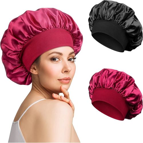 2pcs Bonnet Satin Cheveux Nuit, Bonnet De Nuit Satin, Bonnet Soie Cheveux Nuit Bonnet Cheveux Nuit Pour Femmes(Noir,Rouge)