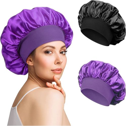 2pcs Bonnet De Nuit Satin - Bonnet Soie Cheveux Nuit - Bonnet Satiné Doux Elastique Adaptable À Toutes Les Femmes (Noir,Violet)