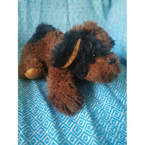 Doudou Peluche Chien Marron Noir Allongé