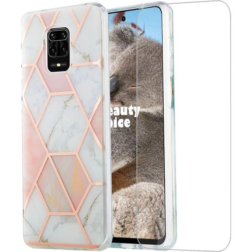 Poseedor-V Coque Compatible Avec Xiaomi Redmi Note 9s / Note 9 Pro / 9 Pro Max [Avec Verre Trempé], Motif De Marbre Ultra Mince Housse En Antichoc Souple Tpu Case Anti-Rayures Durable (Rose Blanc)V5107