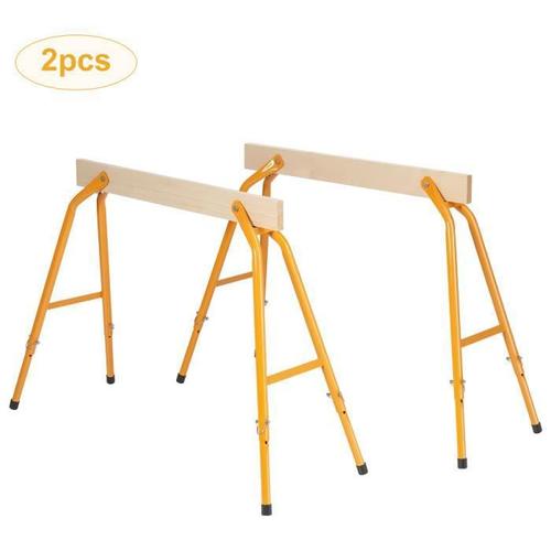 COSTWAY Tréteaux set 2 en Bois Hauteur Réglable à 4 Niveaux 66-90 cm 200kg Équipé d'une Planche de Pin Intérieur et en Extérieur