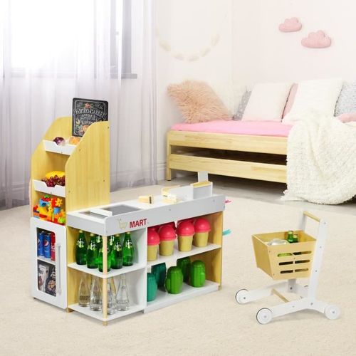 Costway Jeu D'imitation Jouet De Supermarché Pour Enfant Marchande En Bois Avec Caisse De Supermarché, Pour Garçons Et Filles 3 Ans+