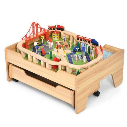 Costway Circuit Voiture Enfant - 100 Accessoires Avec Table, Tiroir À Roulettes Verrouillables Et Train En Bois Pour 3 Ans +