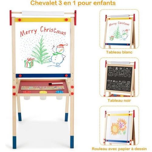 Costway 3en1 Chevalet De Peintre Pour Enfants Avec Rouleau De Papier,Tableau Blanc Magnétique En Bois De Pin Hauteur Réglable